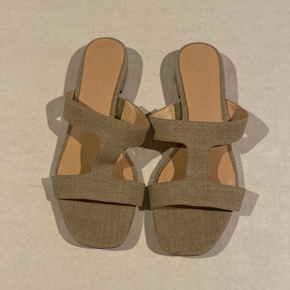 J. Crew Linen T-Strap Slide Sandals in Beige